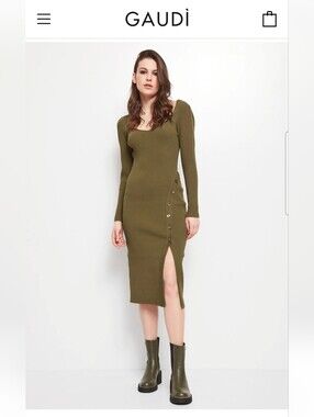 Gaudi - Italian Olive Midi Bodycon Dress - Ribbed V-Neck Button Accents